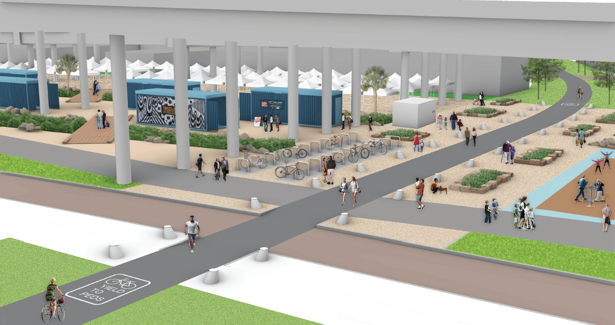 A conceptual rendering of Trails Crossing featuring lit art walls and people exploring the area