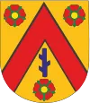 Heraldic shield with a gold background, three red rose flowers with green leaves, and a central red chevron featuring a purple acorn stem.