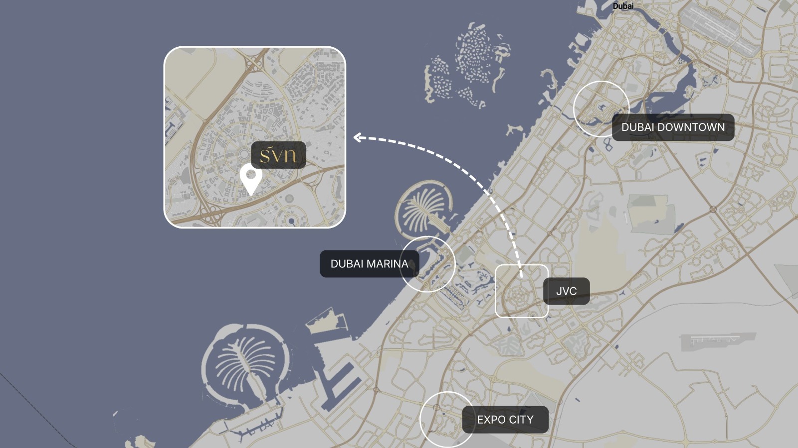 Karte mit SVN Urban Living in JVC sowie Downtown Dubai, Dubai Marina und Expo City