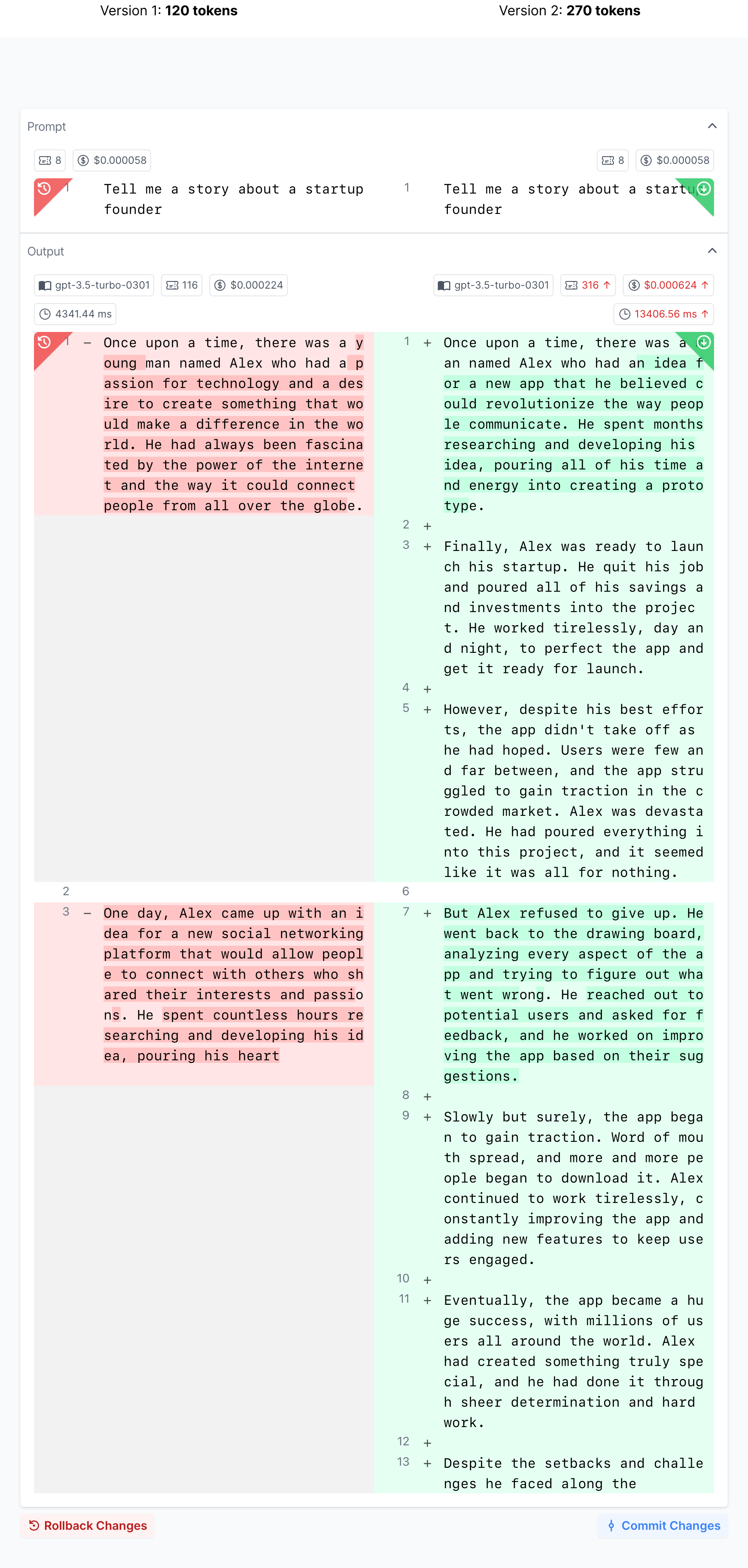 Diff checker for prompt outputs