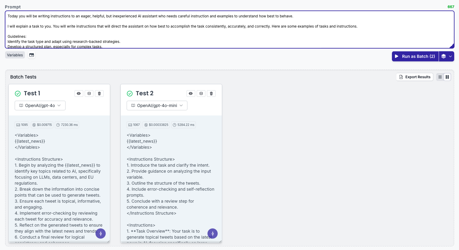 A prompt being tested across two models in PromptHub