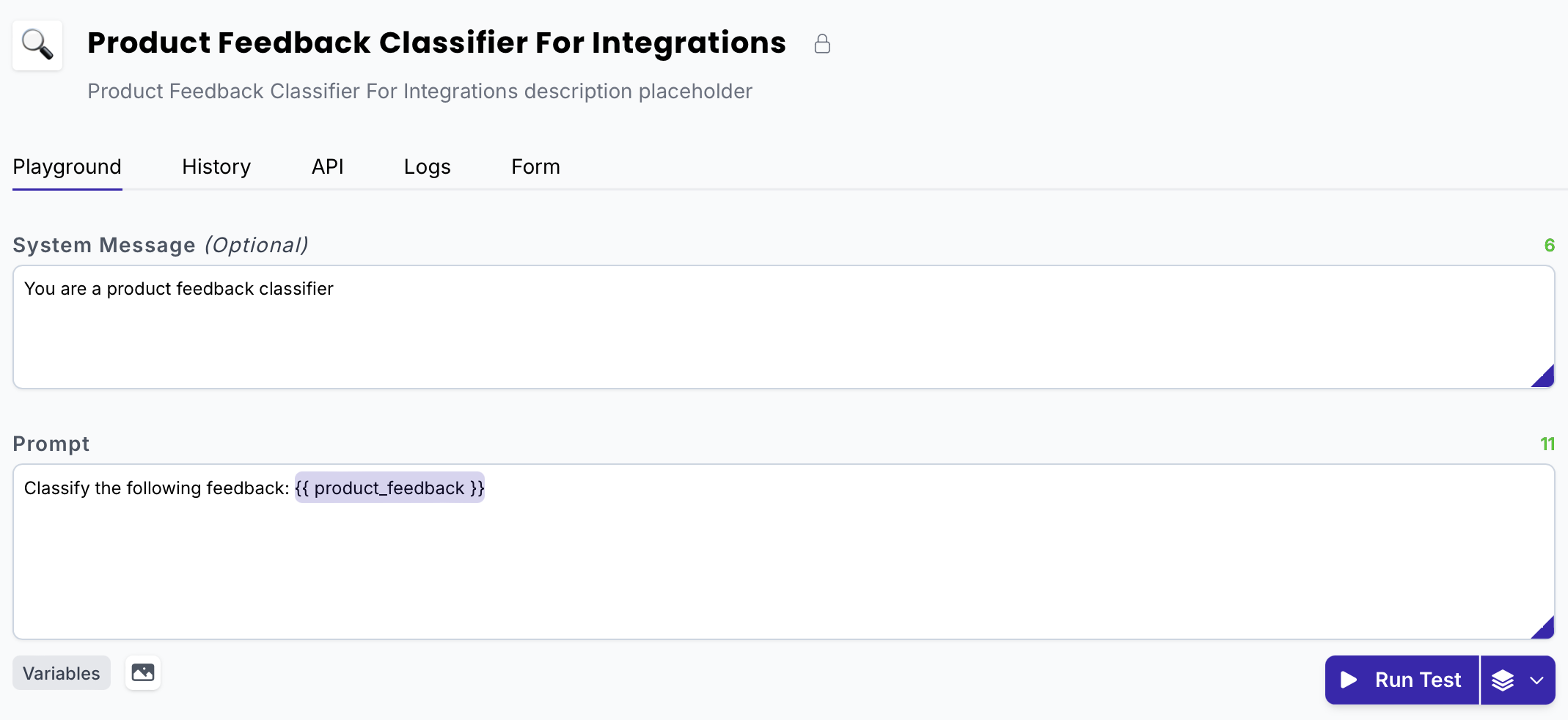 A system message and prompt in the PromptHub dashboard