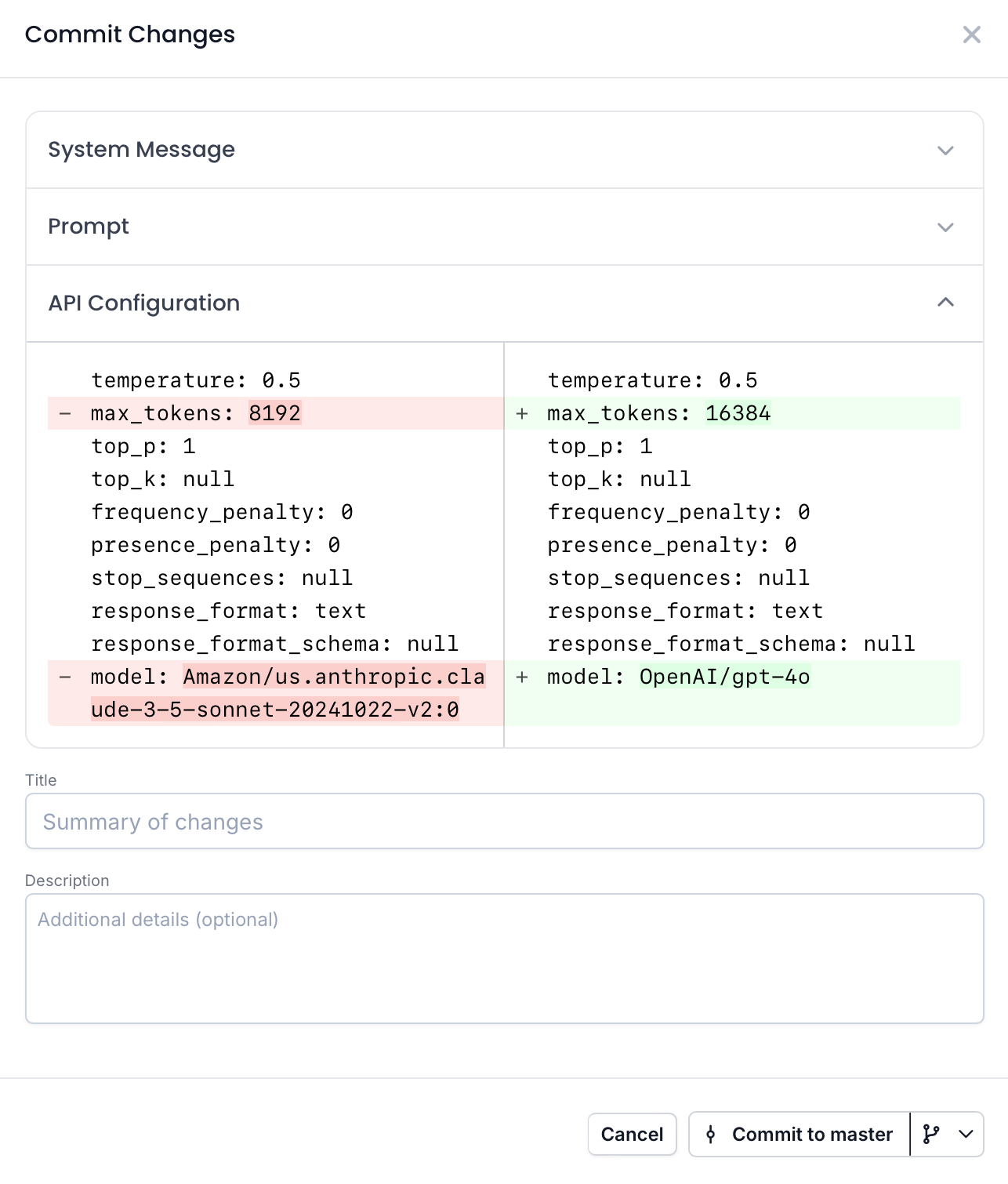 A modal showing the diff between two prompt commits, specifically the model changing 