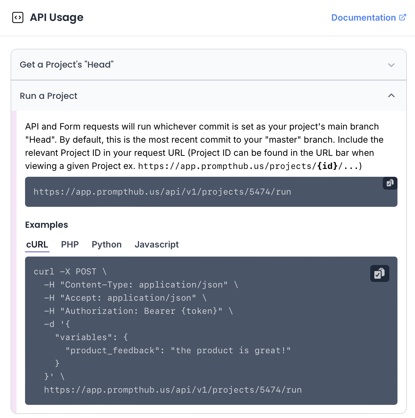 A screenshot showing API implementation details for a prompt in the PromptHub application