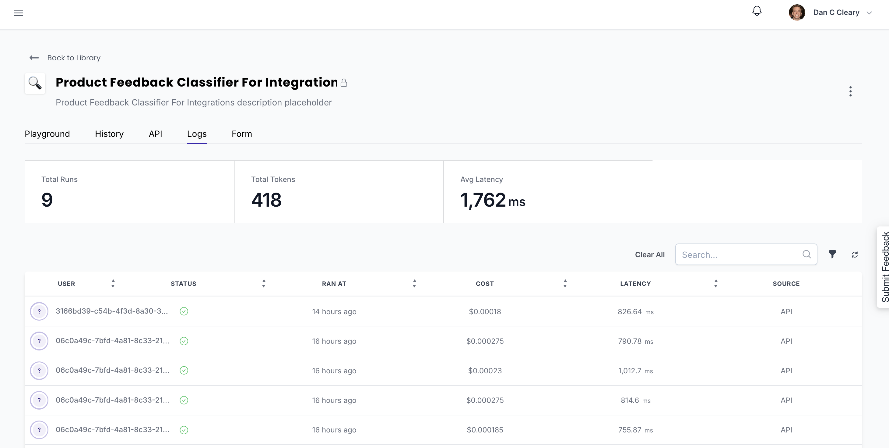 A screenshot of the PromptHub dashboard showing logged requests