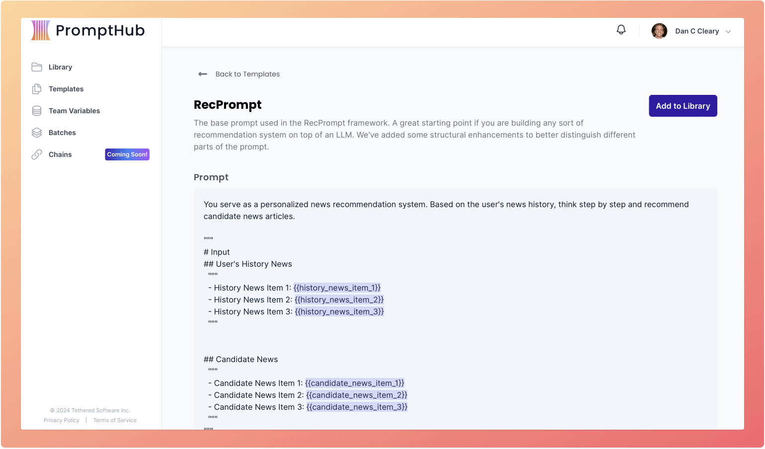 RecPrompt Template in the PromptHub web application