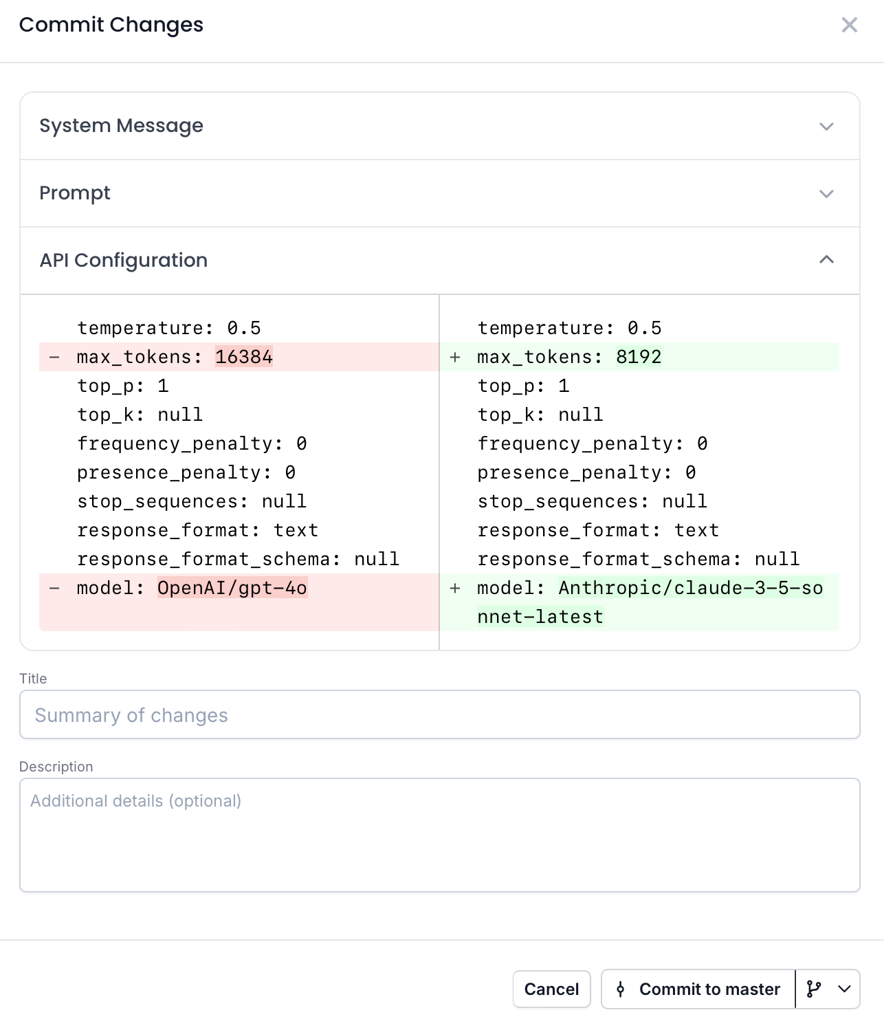 A modal showing the diff between two prompt commits, specifically the model changing 