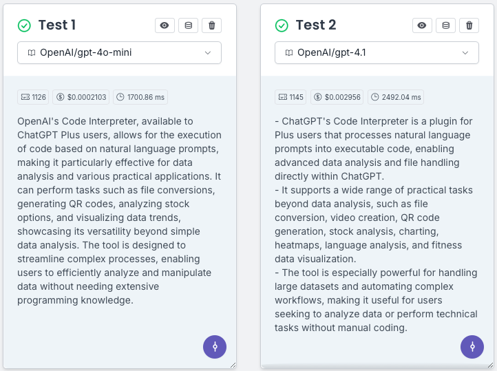 Two tests side by side in PromptHub for summary prompt