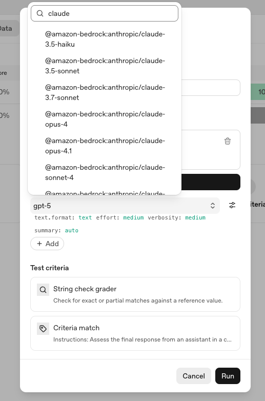 Third party model support in openai dev platform evals product