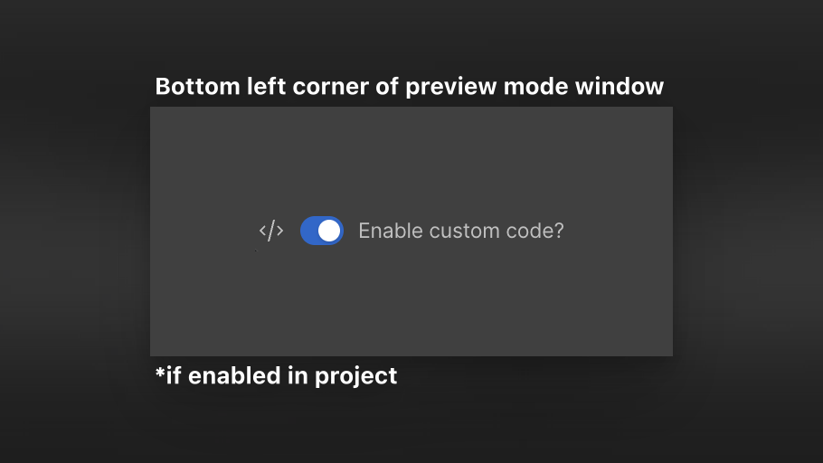 Showing the toggle switch labeled 'Enable custom code?' turned on inside of Webflow Preview Mode. Noting that the switch can be found in the bottom left if 'Custom Code + Preview' is enabled in the project settings.