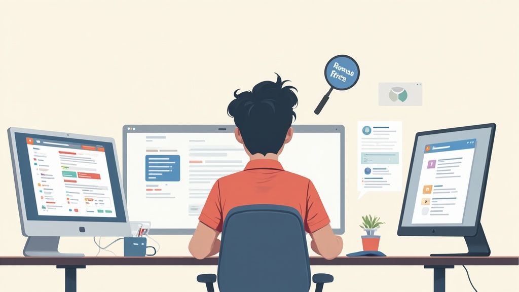 A person sitting at a desk with multiple screens showing various data dashboards and code, illustrating a focused remote job search.