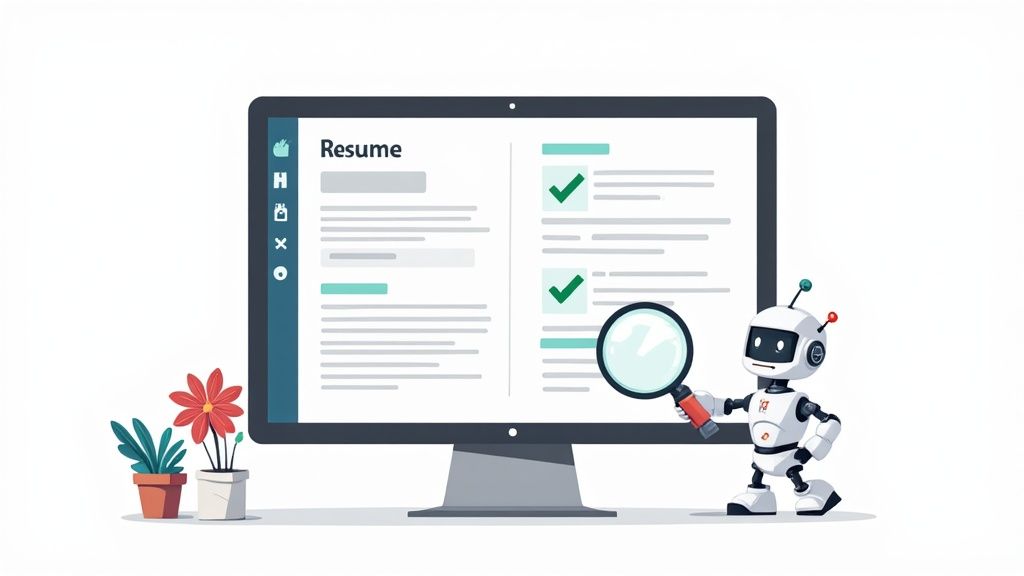 A split image showing a resume on one side and robot icons on the other, symbolizing a resume designed to pass through automated systems.