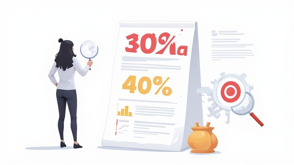 A magnifying glass hovering over a computer screen with code and charts, symbolizing the discovery of achievements in daily data work.