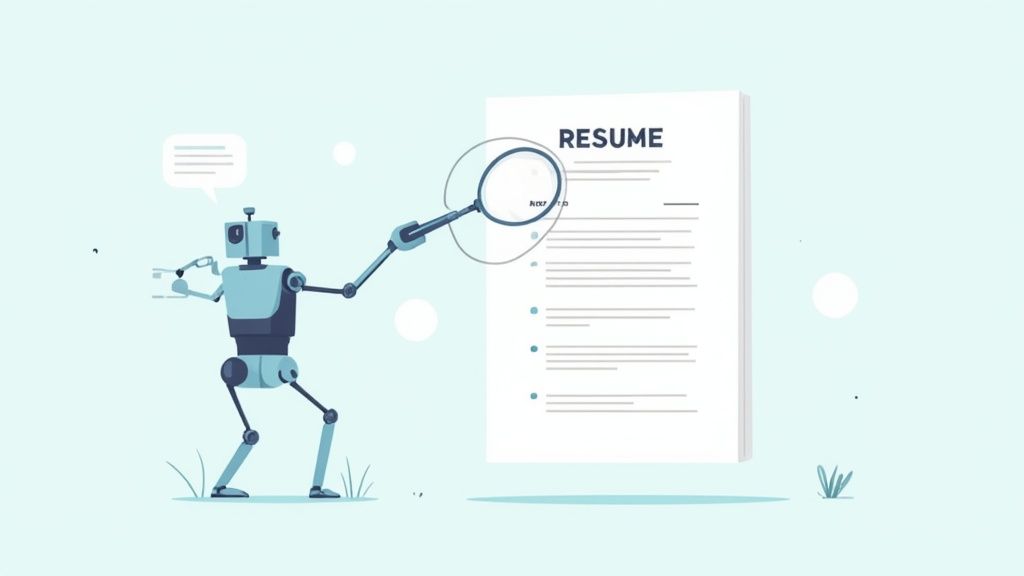 Robot examining resume document with magnifying glass representing automated applicant tracking system screening process