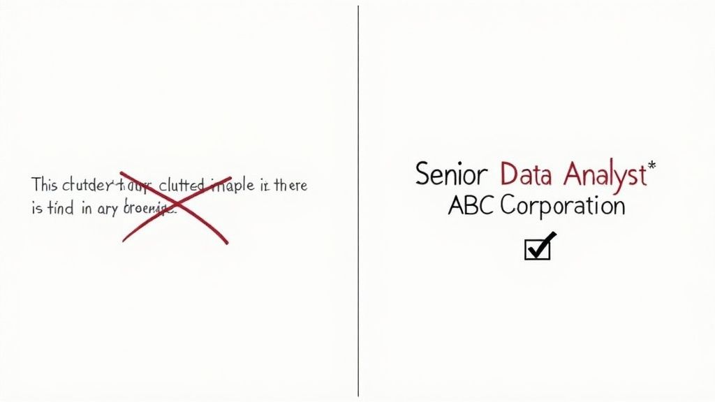 Comparison showing cluttered text crossed out versus clean professional job title format on resume