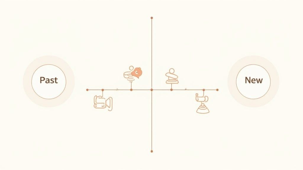 Timeline diagram showing past and new career transition with icons representing professional change and development