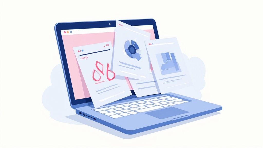 Laptop displaying digital resume documents with charts and graphs floating above keyboard