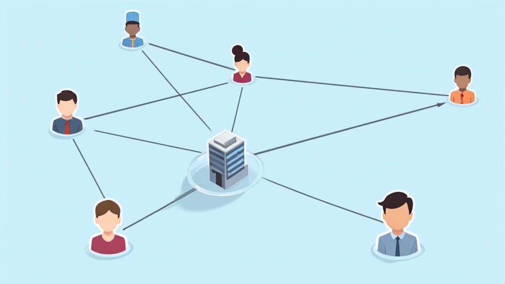 Multiple professionals connecting to central server through network lines representing digital networking system