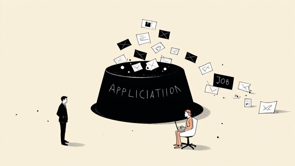 Job applicant sending applications into large funnel while recruiter reviews filtered job opportunities