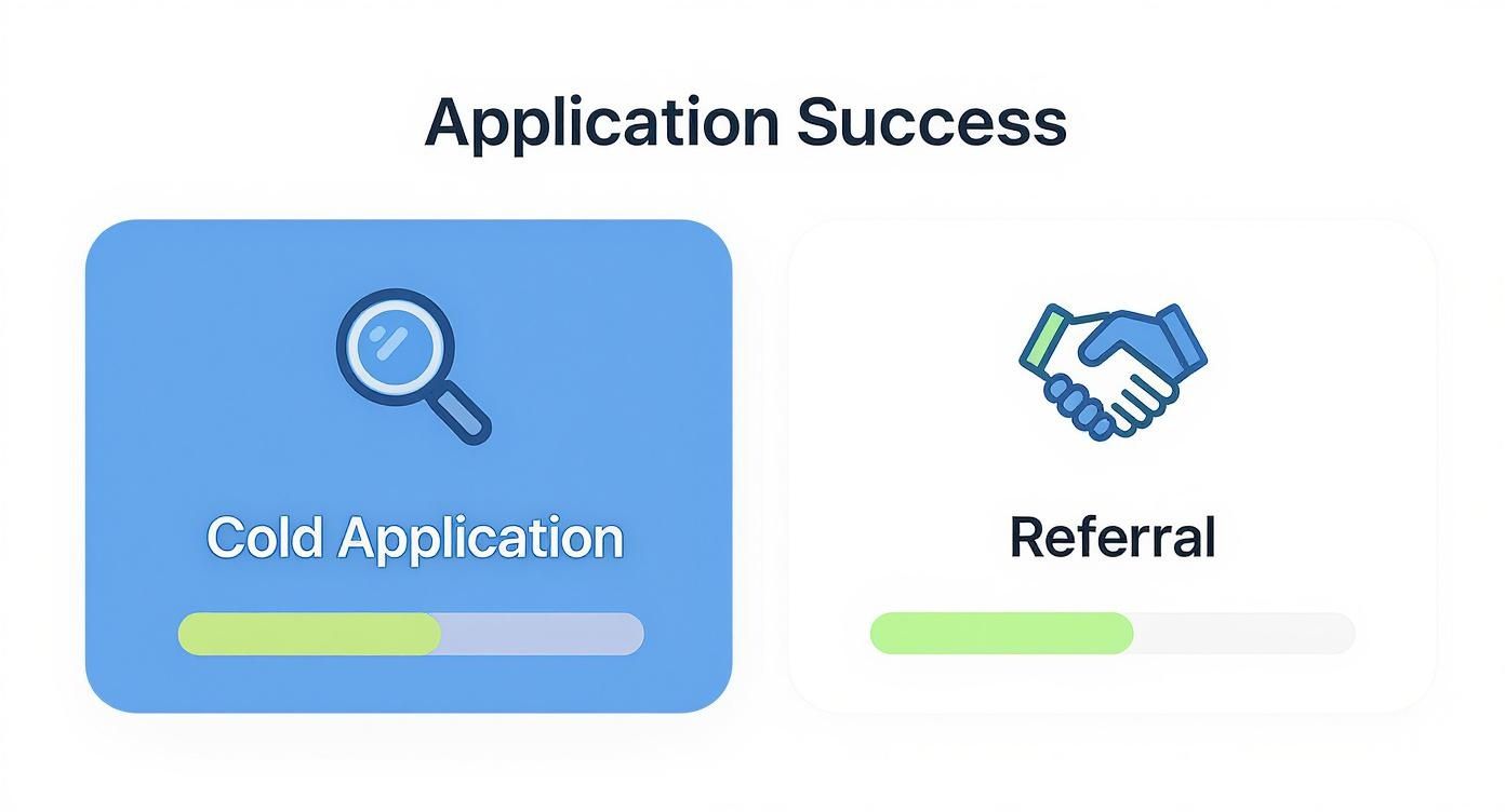 Infographic comparing job application success rates for cold applications versus referrals using progress bars.