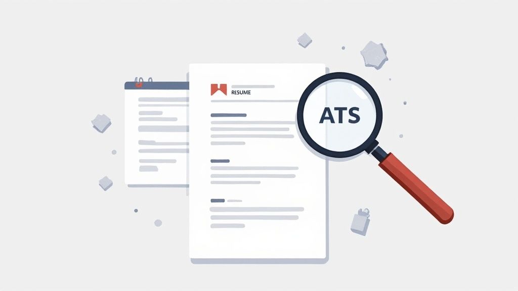 A magnifying glass with 'ATS' on it reviews a resume document, symbolizing Applicant Tracking System screening.