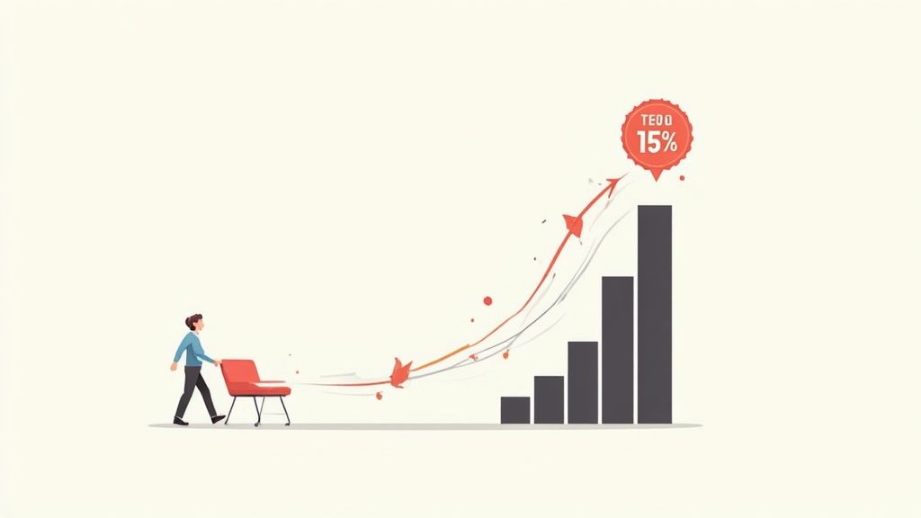 A person pushes a red chair, symbolizing effort to boost growth towards a 'TEDD 15%' target.