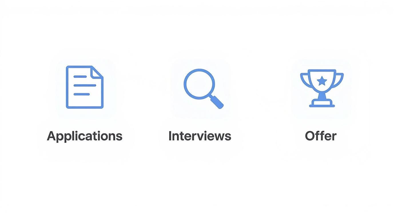 Three blue icons represent job application stages: Applications (document), Interviews (magnifying glass), and Offer (trophy).