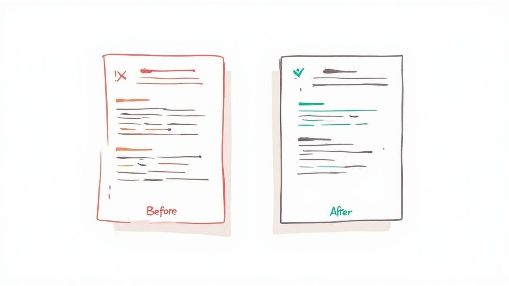 A visual representation of document improvement, moving from an error-marked 'Before' to a corrected 'After' state.