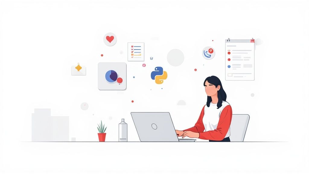 A woman works on a laptop at a desk, surrounded by digital icons representing various tasks and tools.