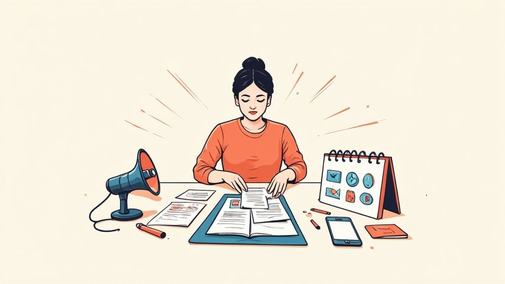 A focused woman organizes papers at a desk with a megaphone, calendar, and phone.