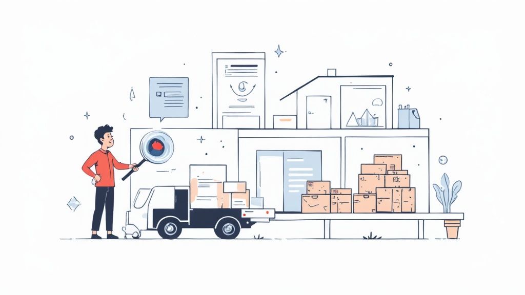 A man inspects a delivery truck loaded with boxes in front of a building.