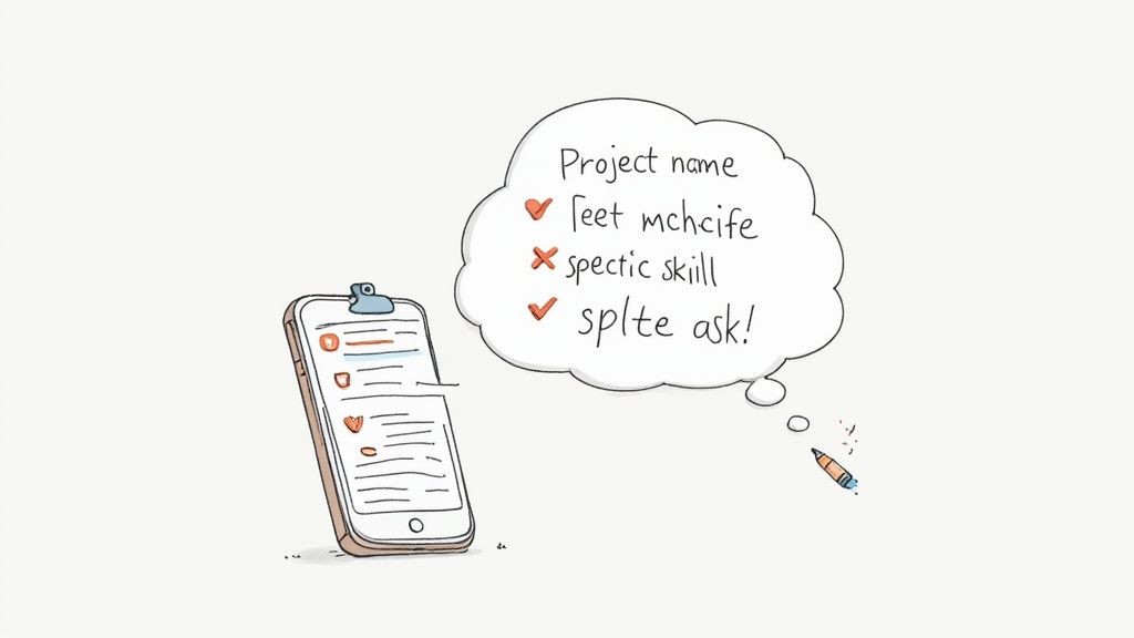 An illustration of a smartphone with a thought bubble showing a handwritten task list and project ideas.