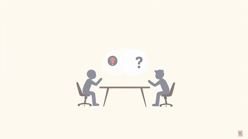 Two stick figures sit at a table, one with a lightbulb, the other with a question mark, symbolizing a dialogue.
