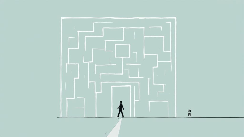 A lone person walks towards a large wall shaped like a maze with an open door.