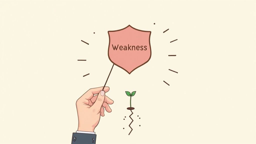 An illustration of a hand pointing at a 'Weakness' shield protecting a vulnerable plant with cracked roots.