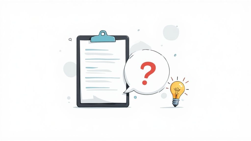 An illustration of a clipboard with a document, a question mark speech bubble, and a lit lightbulb.