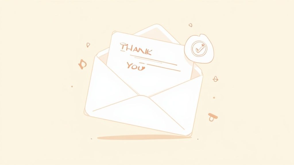 A light-colored envelope with a 'THANK YOU' note and a checkmark inside, on a pale background.