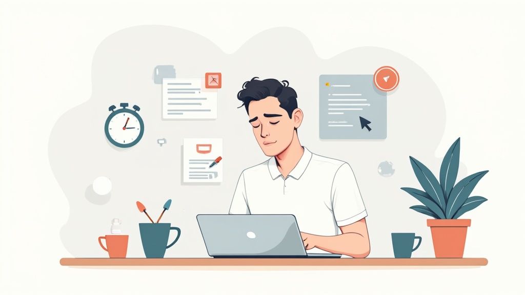 Illustration of a man happily working on a laptop at a desk with documents and a plant.