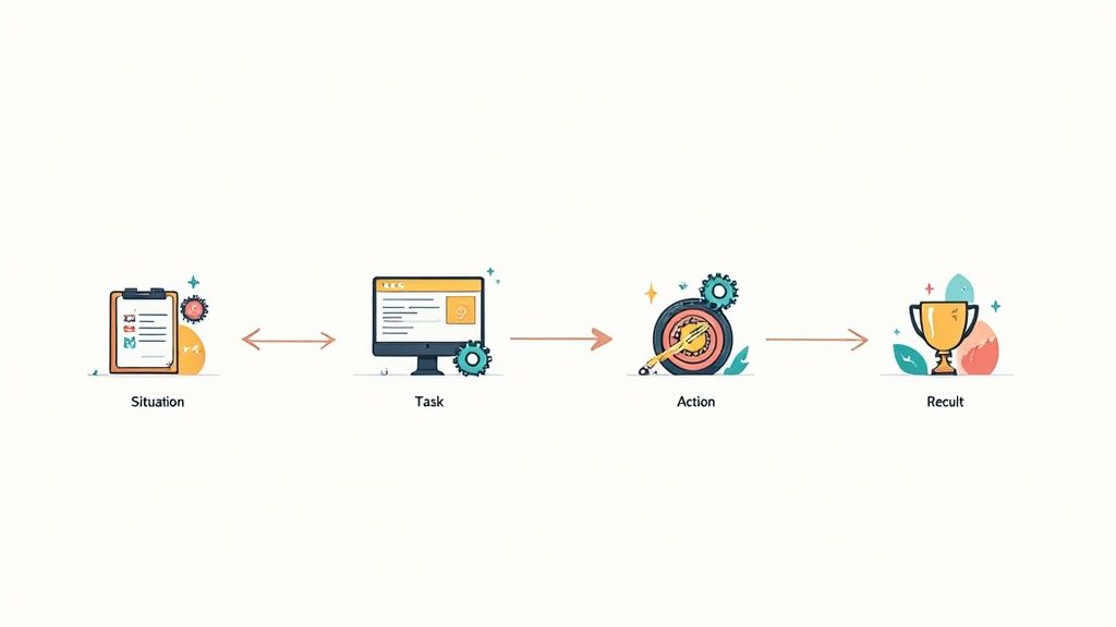 A four-step diagram illustrating Situation, Task, Action, and Result with descriptive icons and arrows.