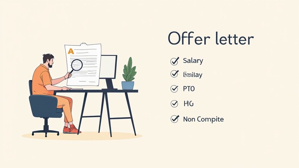 A man reviews a job offer letter with a magnifying glass, checking salary and benefits.