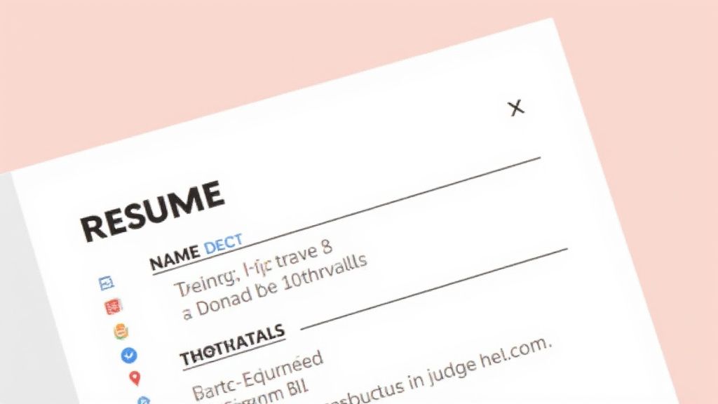 A partially visible resume document with the 'RESUME' title and placeholder text, tilted on a pink background.