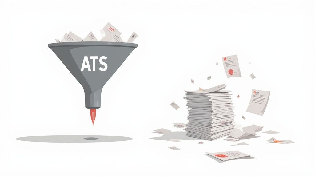 ATS funnel processing resumes, with a large stack of documents piled up and some papers scattered.