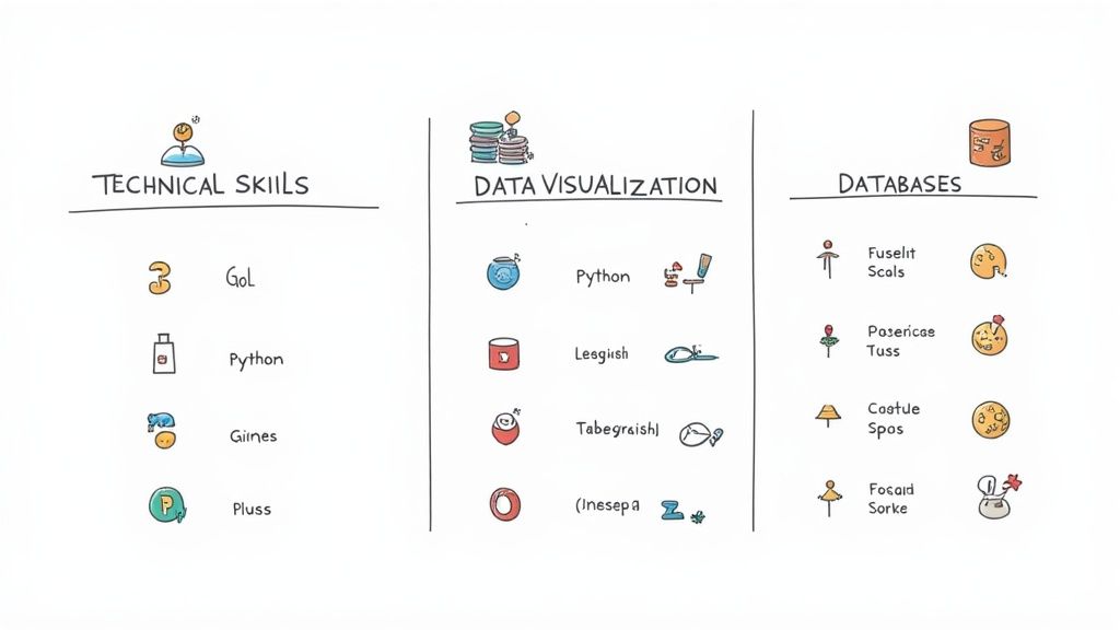 Hand-drawn diagram listing technical skills, data visualization, and databases with corresponding playful icons.