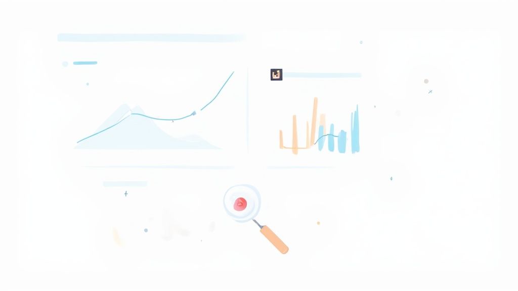 Visualizing business data with line graphs, bar charts, and a magnifying glass for analysis.