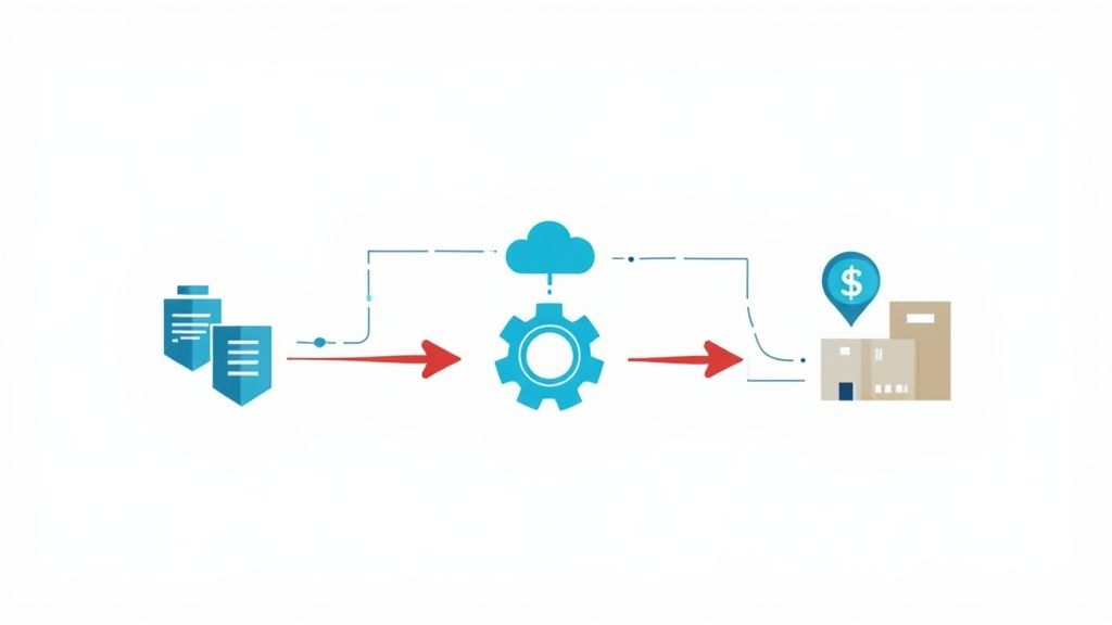 A diagram illustrating a business process, showing documents leading to cloud-enabled processing, resulting in financial outcomes.