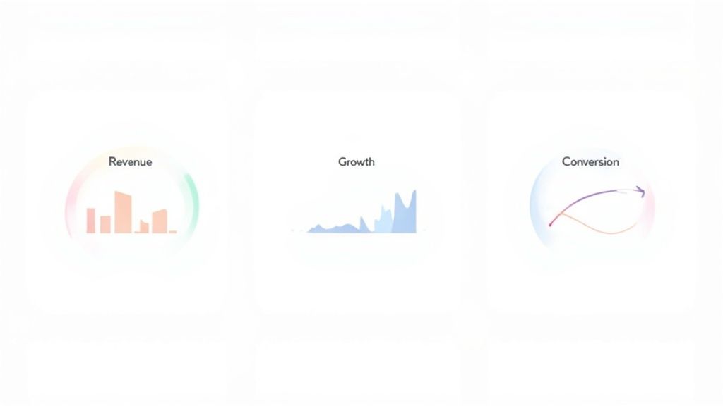 Three modern data visualizations for business metrics: revenue bar chart, growth area chart, and conversion path.