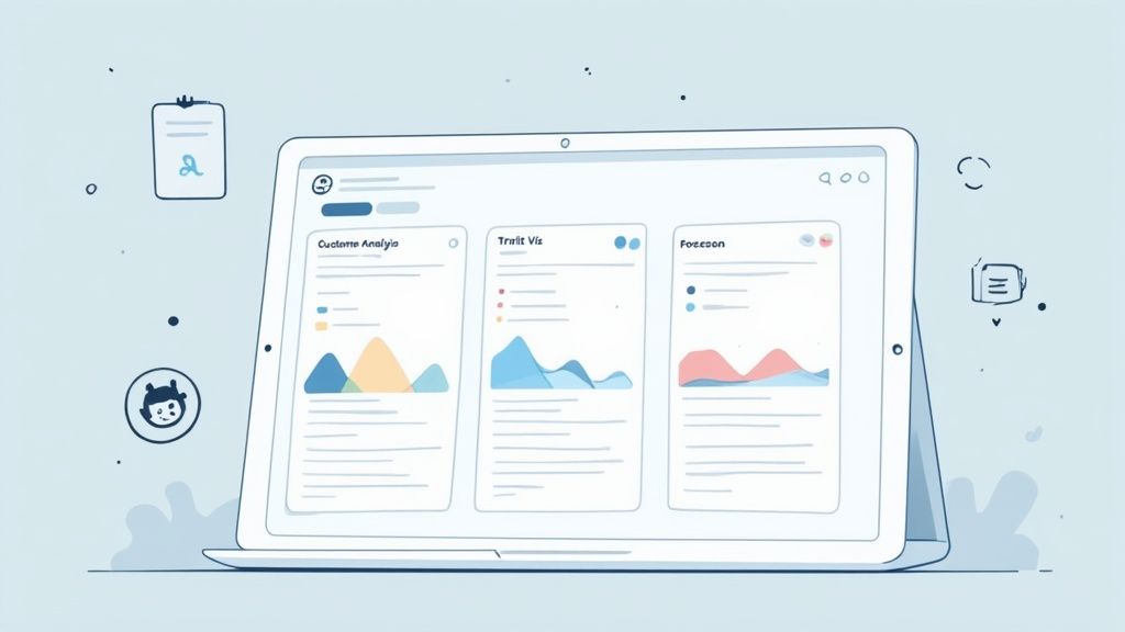 A stylized illustration of a laptop displaying a data analytics dashboard with various charts.