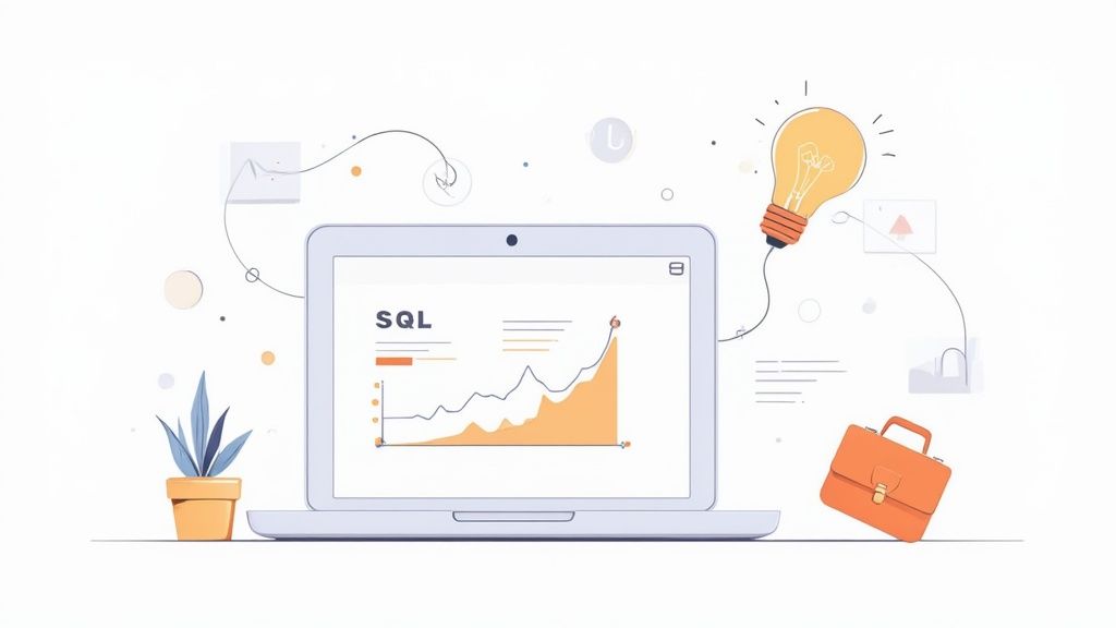 A modern illustration of a laptop displaying SQL data analysis with a rising graph, a lightbulb for ideas, and a briefcase, representing business intelligence.