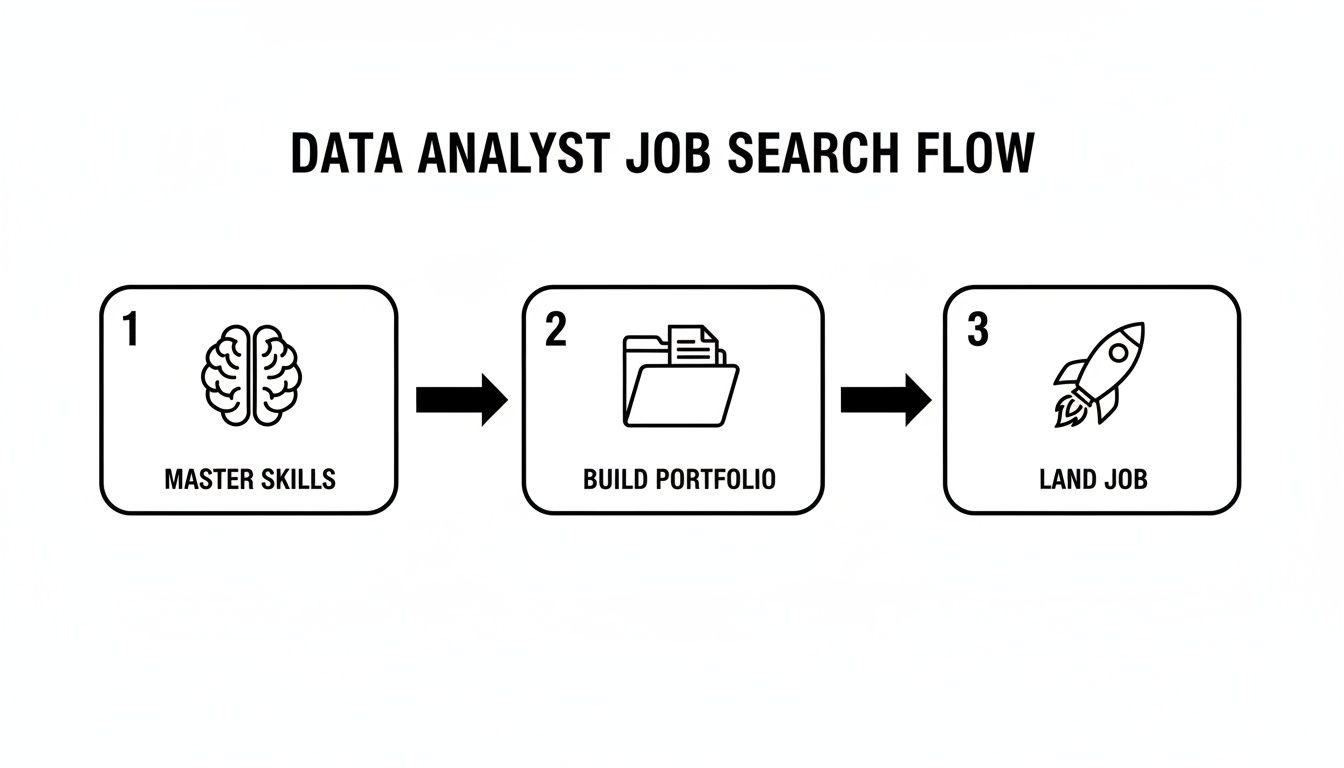 Flowchart showing three steps to land a Data Analyst job: Master Skills, Build Portfolio, and Land Job.