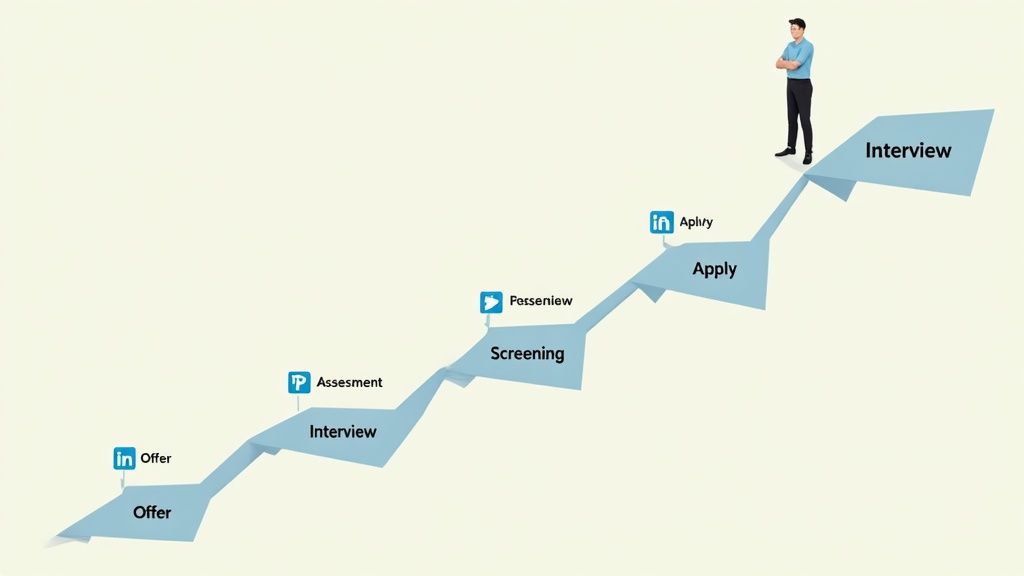 Staircase diagram showing the job application steps: Offer, Interview, Screening, Apply, and Interview, with a person at the top.